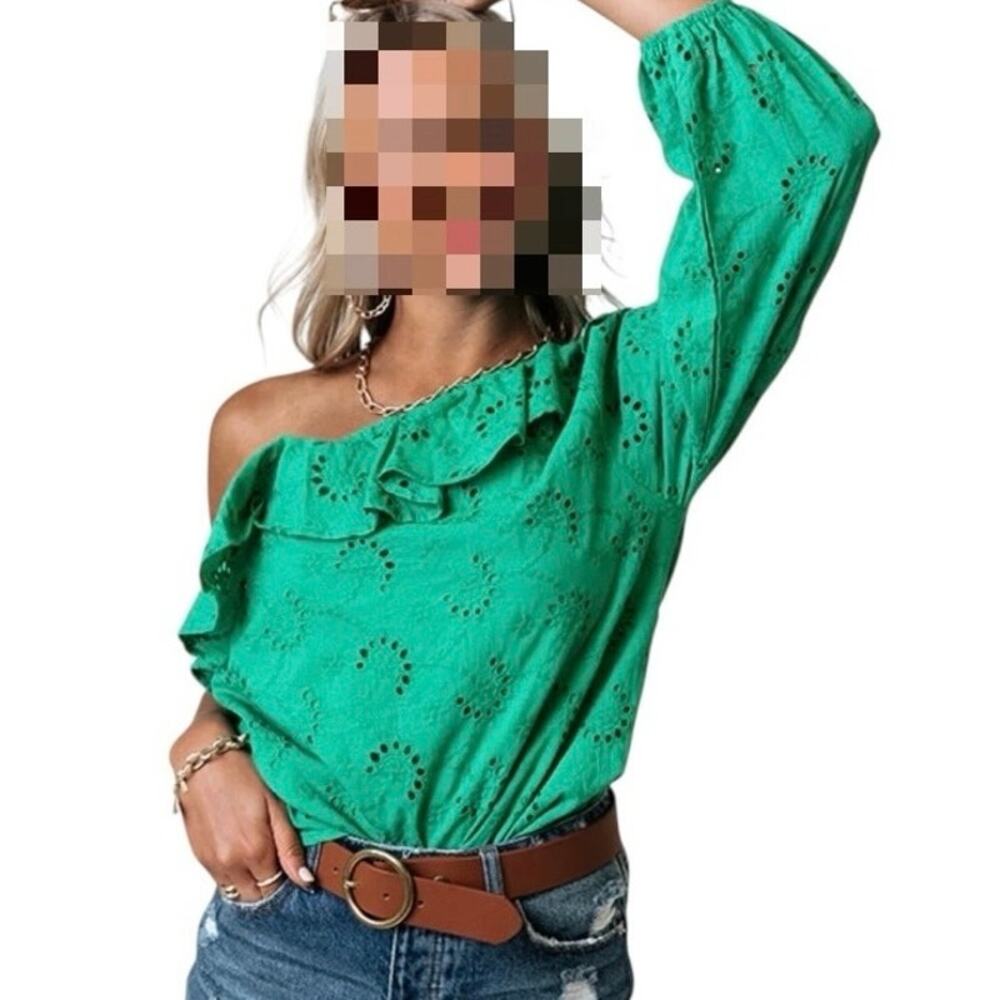 155. ENTRO | Eyelet One Sleeve Green Ruffle Blouse Size Large
